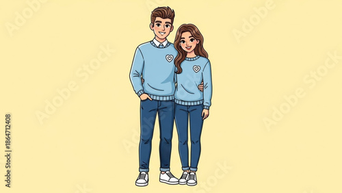 A cartoon illustration of a smiling couple wearing matching blue sweaters and jeans on a pale yellow background
