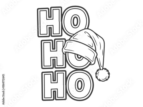 Christmas HO HO HO phrase with Santa hat - vector illustration for coloring book page