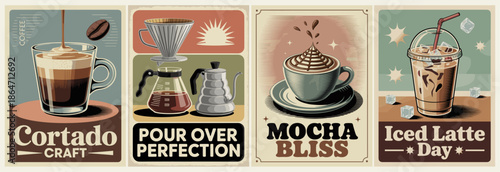 Retro-style poster series showcasing Cortado, Pour-Over, and Mocha coffee with distinct colors, artistic designs, and classic coffee culture aesthetic.