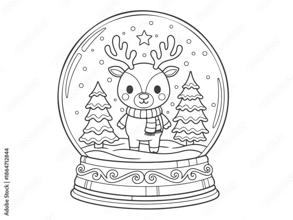 Naklejka premium Cute Reindeer Snow Globe Coloring Book Page Vector Illustration for Kids