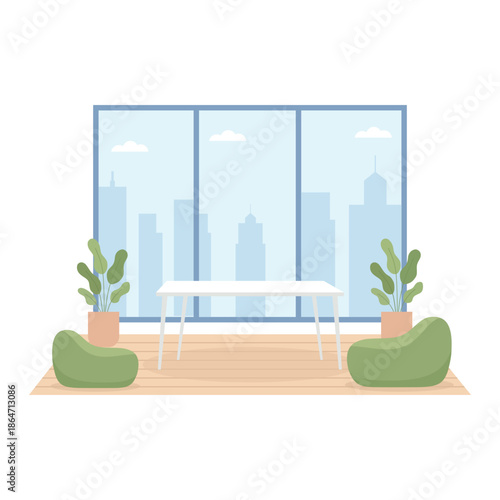 Modern minimalist office interior with city skyline view, creative workspace with desk and plants vector illustration