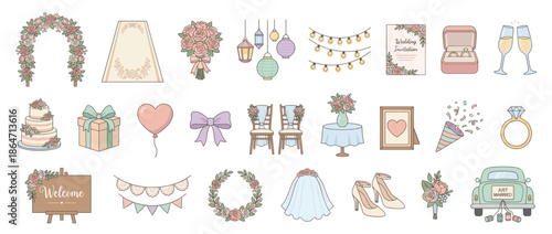 A collection of illustrated wedding-themed elements, including decorations and accessories.