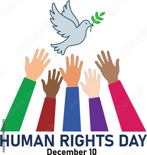 Diverse raised hands with peace dove illustration for Human Rights Day awareness poster asset