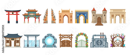Collection of diverse architectural gates and portals, including cultural and fantasy designs.