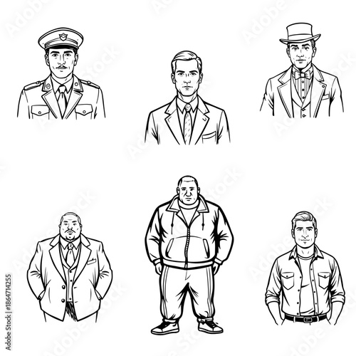 Men in classic suits, sportswear, casual wear, police uniforms, vintage suits, and oversized clothing. A vector set of sketches of different clothing styles, line art