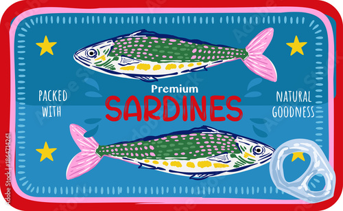 Trendy Canned sardines .Colorful  retro hand drawn Illustration