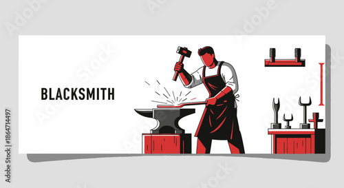 Blacksmith Working at Forge: Hammering Metal on Anvil, Sparks Flying, Vintage Style Illustration