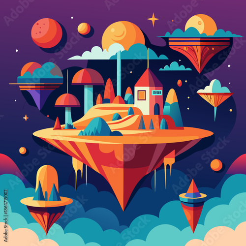 ufo on the moon.Flat vector illustration of a surreal dreamscape with floating islands and abstract shapes, vibrant colors, minimalist style.