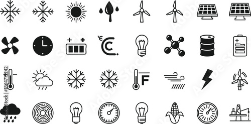 Comprehensive Vector Icon Set Featuring Thirty-Two Energy and Environmental Silhouettes including Solar Panels, Wind Turbines, Weather Symbols, and Industrial Power Utility Graphics