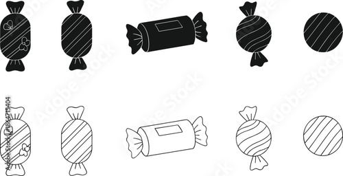 Vector Icon Set of Assorted Candies and Sweet Treats in Black Silhouette and Line Art Styles, Featuring Wrapped Hard Candies and Striped Taffy