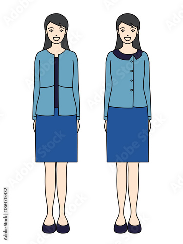 Full body illustration of two business woman in blue office uniform and skirt