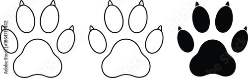 Vector Illustration Set of Animal Paw Prints in Line Art and Black Silhouette Styles Featuring Four Toe Pads and Claw Marks for Wildlife and Pet Branding
