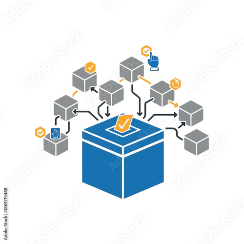 Isometric 3d illustration of a city building network connecting cloud computing servers and social business groups via digital cube icons on a laptop computer