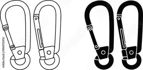 Vector Illustration Set of Carabiner Clips in Black Silhouette and Line Art Styles, Featuring Two Mechanical Designs for Climbing, Outdoor Sports, and Safety Equipment