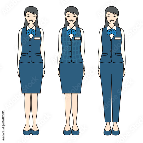 Full body illustration of three customer service women in blue uniform and vest