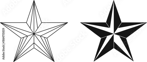 Geometric Vector Set of Two Five-Pointed Stars Featuring Line Art and Faceted Nautical Designs for Maritime, Military, and Bold Graphic Branding Concepts