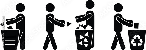 Black Silhouette Vector Set of Stick Figures Demonstrating Proper Waste Disposal and Recycling Actions into Bins for Environmental Sustainability and Public Signage Design
