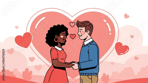 A cartoon illustration of a loving couple holding hands in front of a large heart