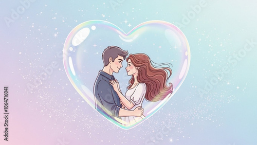 A cartoon illustration of a loving couple embracing inside a heart-shaped bubble