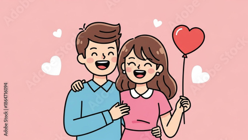 A cartoon illustration of a happy couple embracing with a heart balloon on a pink background