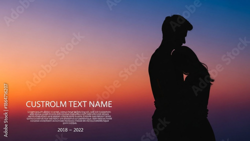 A silhouette of a couple embracing at sunset with a colorful sky background and custom text