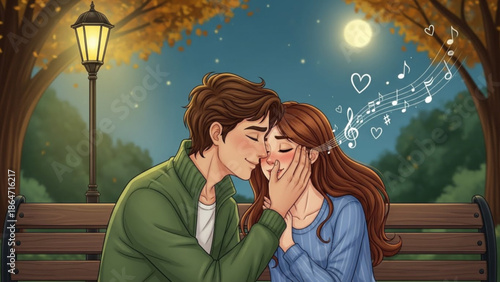 A romantic couple shares a tender moment on a park bench under the moonlight