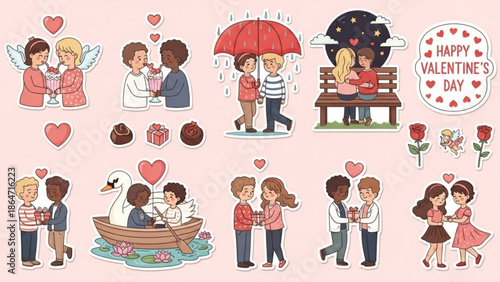 A colorful vector graphic illustration of various Valentine's Day themed couples and symbols