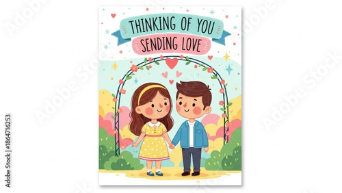 A colorful illustration of a loving couple holding hands under a heart-shaped archway with a thoughtful message