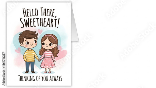A cute cartoon couple holding hands on a romantic greeting card with a sweet message