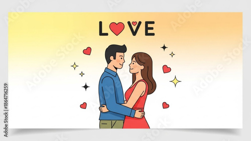 A vector graphic illustration of a loving couple embracing with hearts and love text