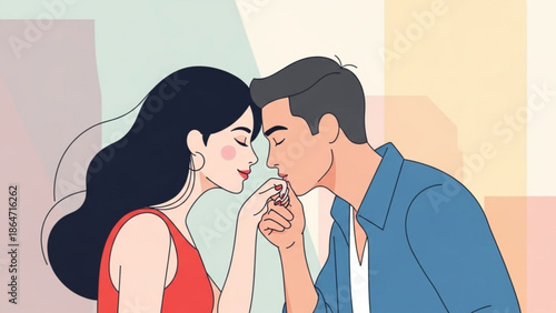 A romantic couple sharing a tender moment in a colorful illustration