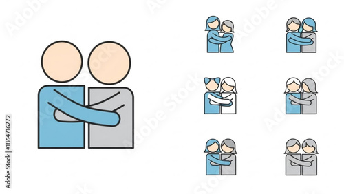 A vector graphic illustration of people hugging in various combinations and poses