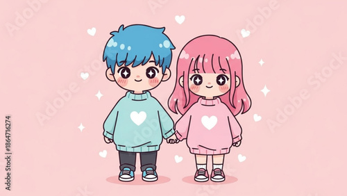 A cute cartoon illustration of a boy and girl holding hands with hearts around them