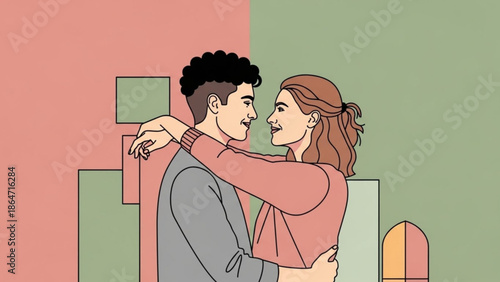 A vector graphic illustration of a happy couple embracing in a modern abstract setting