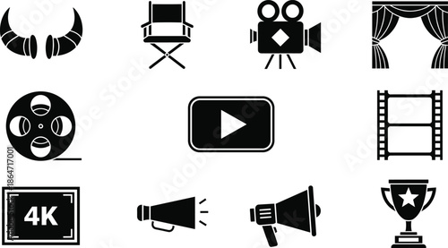 Comprehensive Vector Icon Set of Twelve Cinema and Film Production Silhouettes Including Cameras, Director Chairs, Megaphones, and Theater Curtains for Multimedia Branding