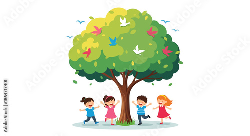Children playing happily under a vibrant green tree with cheerful birds flying, symbolizing joy, nature's beauty, and environmental harmony for a bright future