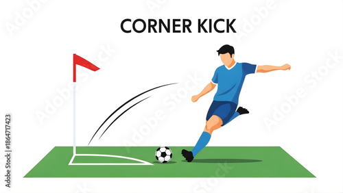 Dynamic illustration of a male athlete executing a powerful corner kick in a football match, showcasing strategic play on the vibrant green field under clear skies