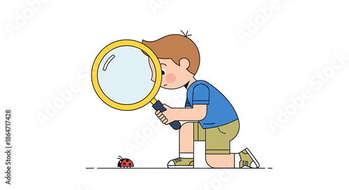 Curious young boy with a magnifying glass keenly observing a small ladybug, exploring the wonders of nature and the tiny world of insects
