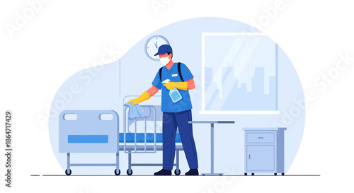 Medical professional sanitizing a hospital bed with a spray bottle and disinfectant, ensuring a clean and safe healthcare environment