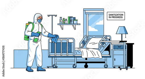 Medical room sanitization by a person in protective suit with disinfectant sprayer, hospital cleanliness and hygiene concept