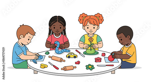 Diverse young children happily engaged in creative play with colorful modeling clay at a preschool table, fostering imagination and motor skills in an early learning setting
