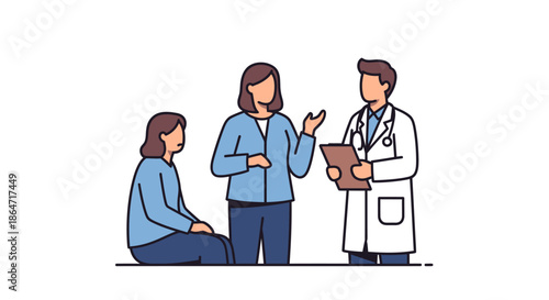 Medical consultation illustration showing a doctor discussing health information with a patient and a family member, depicting professional healthcare communication and advice
