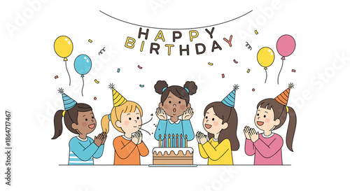 Happy Birthday Celebration Children Enjoying a Cake with Balloons and Confetti