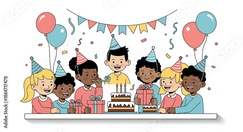 Joyful group of diverse children celebrating a vibrant birthday party with cake, presents, balloons, and festive decorations, creating happy memories and friendship