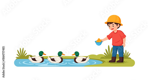 A cheerful young boy wearing a yellow hat and boots enjoys a pleasant outdoor activity, kindly feeding a group of graceful ducks in a tranquil pond