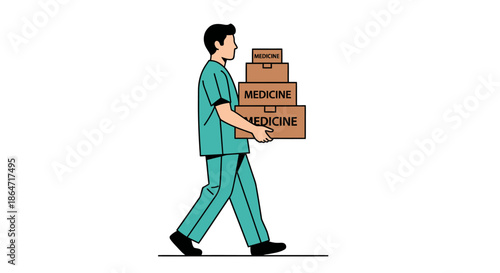 Healthcare professional carrying boxes labeled 'medicine', symbolizing medical supply delivery and healthcare services