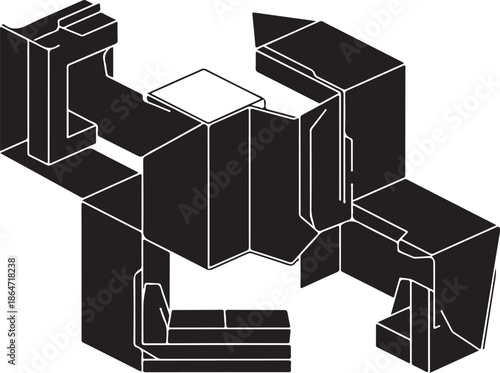 3D isometric black and white modular furniture arrangement