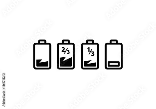 Battery icon set vector Minimalist black outline battery icons displaying various charge levels, including low, two-thirds, one-third, and empty states.