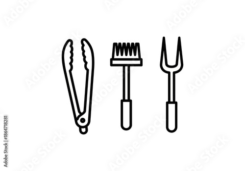 Vector Minimalist black outline barbecue grilling tools icon set featuring tongs, basting brush, and meat fork.