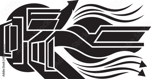 Abstract Black and White Geometric Shape with Flowing Lines Design